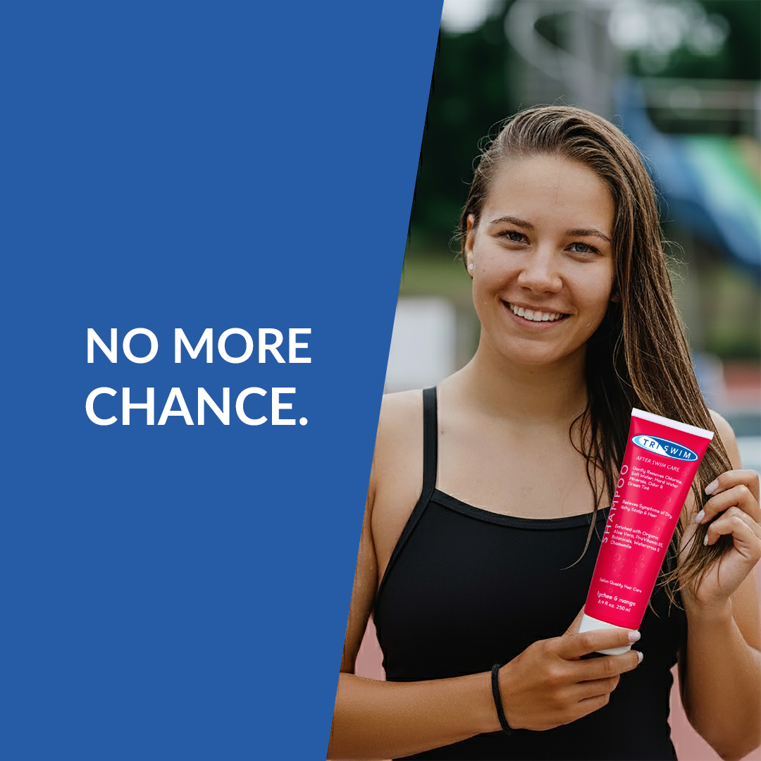 female swimmer with TRISWIM hair care product for chlorine removal