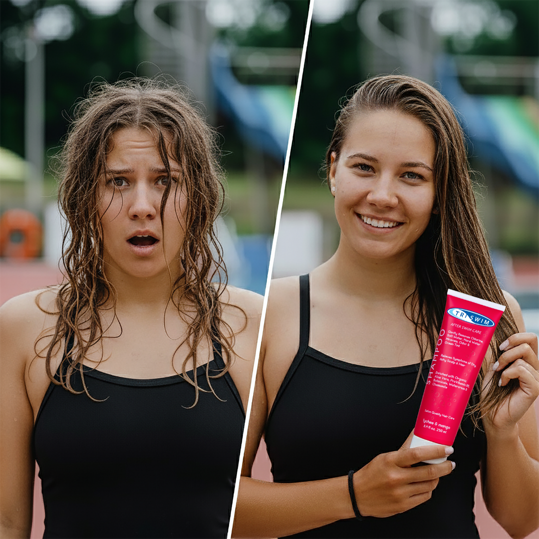swimmer with chlorine damaged hair before and after using TRISWIM hair care
